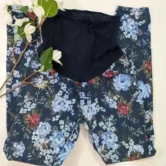 Motherhood Maternity Pants - Motherhood Navy Floral Full Panel Woven Skinny Pants